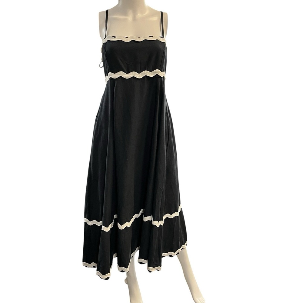 Sim & Sam Dress Black Linen Blend Maxi Sundress White Scallop Smocked Trim M Y2K